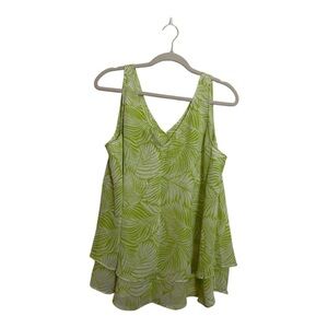 Swing Double-Layer Chiffon Tank Lime Green Leaf pattern sz 16
